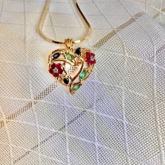 Jewelry - VTG 10K Gold Multistone  Heart Pendant Necklace, Emerald Ruby Sapphire Diamonds